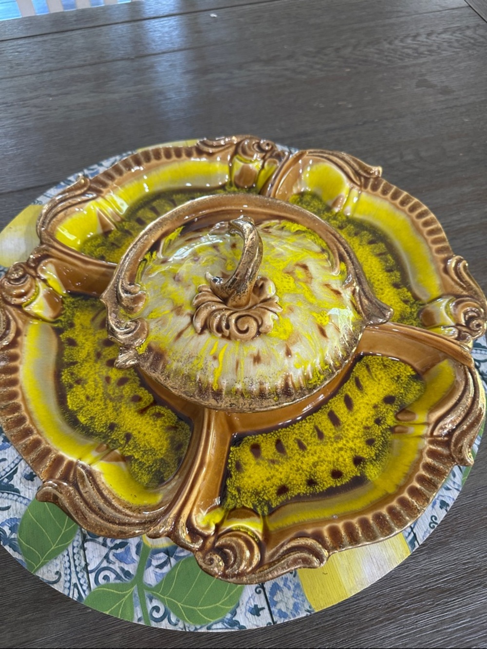 Maurice Ceramic of California Vintage Yellow, Gold & Brown Ceramic lazy Susan.